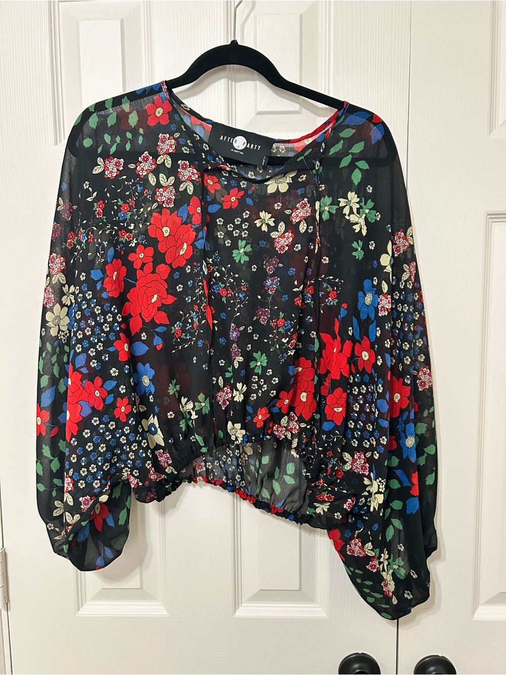 Nasty Gal After Party Vintage Fabric sheer peasant cropped blouse y2k sz L